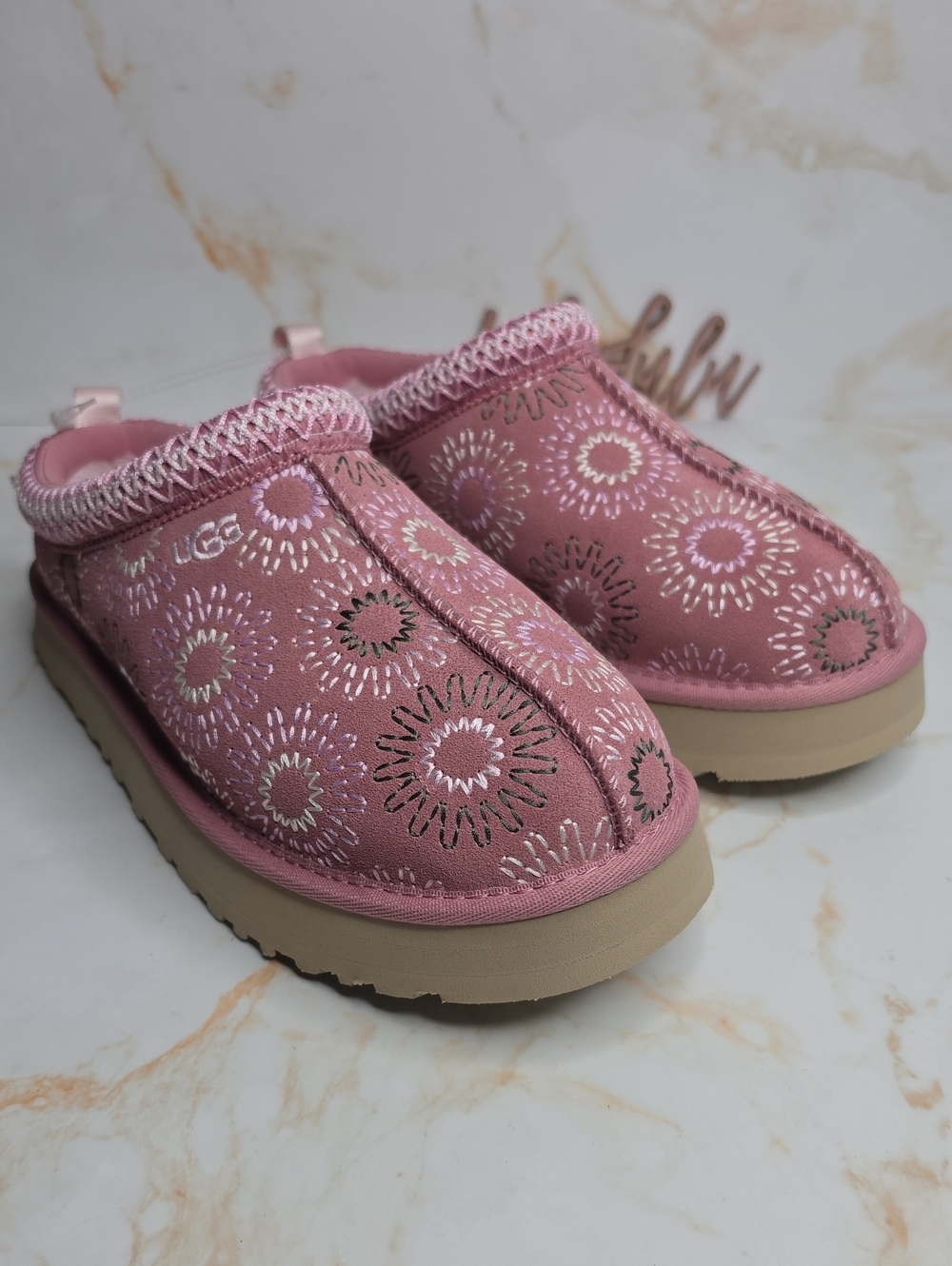 UGG' Tazz Sun Stitch Pink Floral Embroidered Slip-On Clog Slippers Size 37 Bk 5